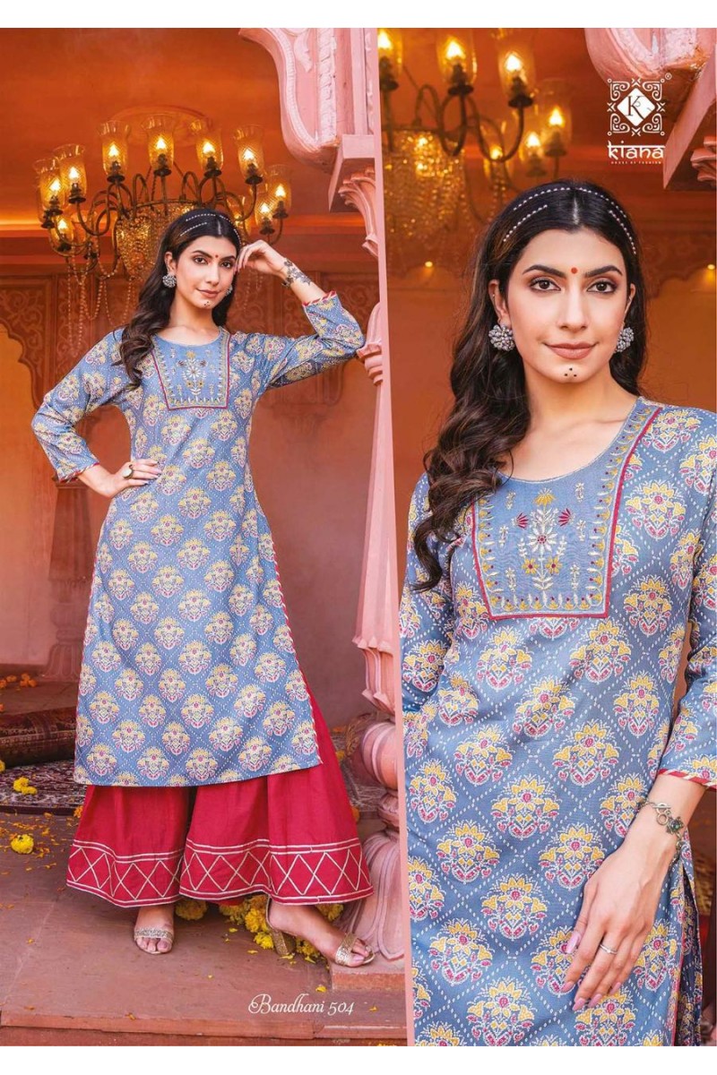 Kiana Bandhani-504 Gotta Patti Stich Rayon Kurti Palazzo Combo Size Set