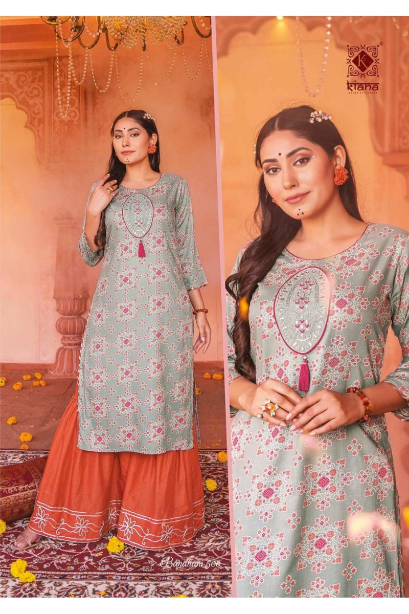 Kiana Bandhani-506 Gotta Patti Stich Rayon Kurti Palazzo Combo Size Set
