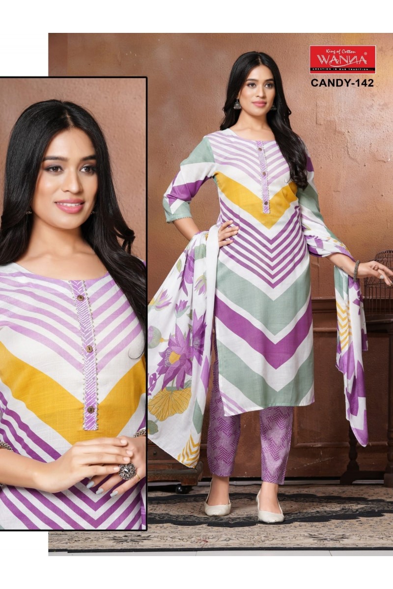 Wanna Candy-142 Designer Cotton Kurti Pant Dupatta Pair Size Set Designs