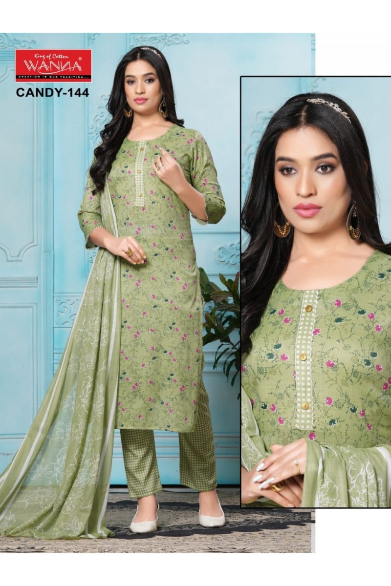 Wanna Candy-144 Designer Cotton Kurti Pant Dupatta Pair Size Set Designs