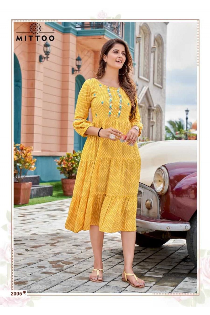 Mittoo Chaahat Wrinkle Rayon Print Short Anarkali Kurti Set Collection