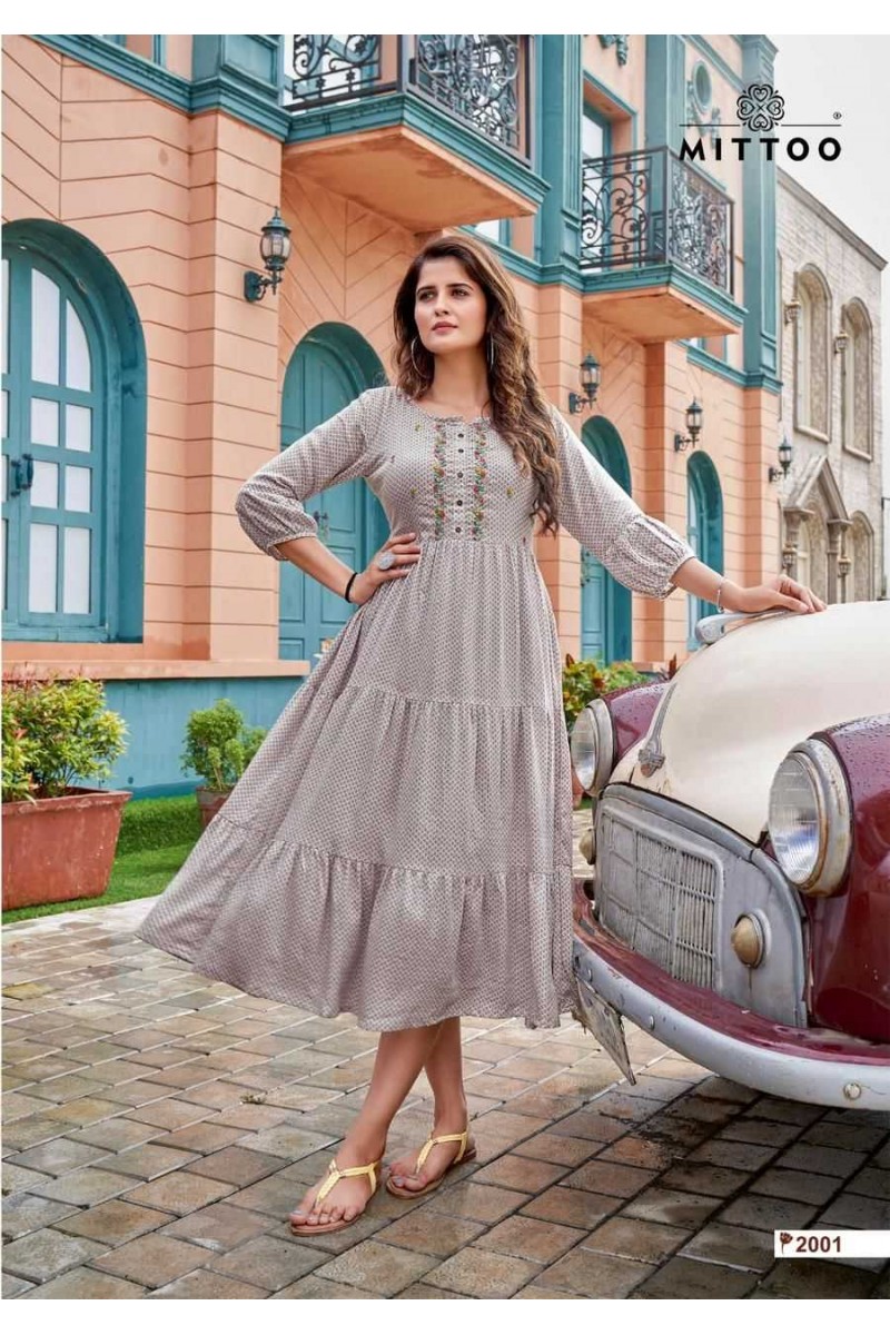 Mittoo Chaahat Wrinkle Rayon Print Short Anarkali Kurti Set Collection