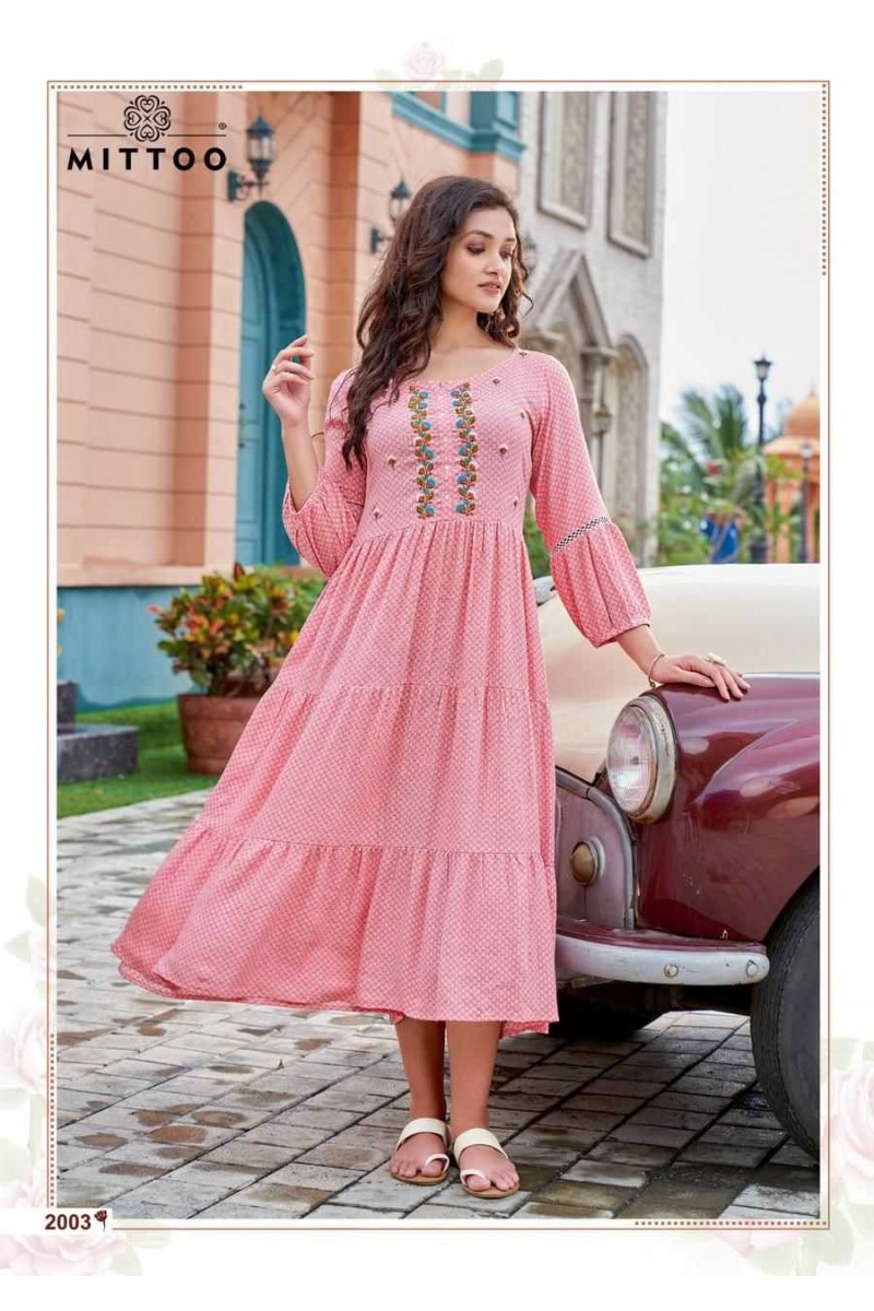 Mittoo Chaahat Wrinkle Rayon Print Short Anarkali Kurti Set Collection
