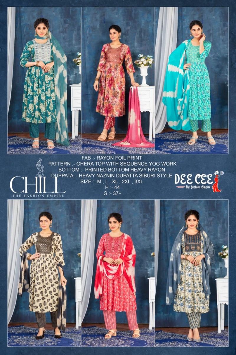Dee Cee Chill Casual Wear Rayon Printed Kurti Pant Dupatta Collection
