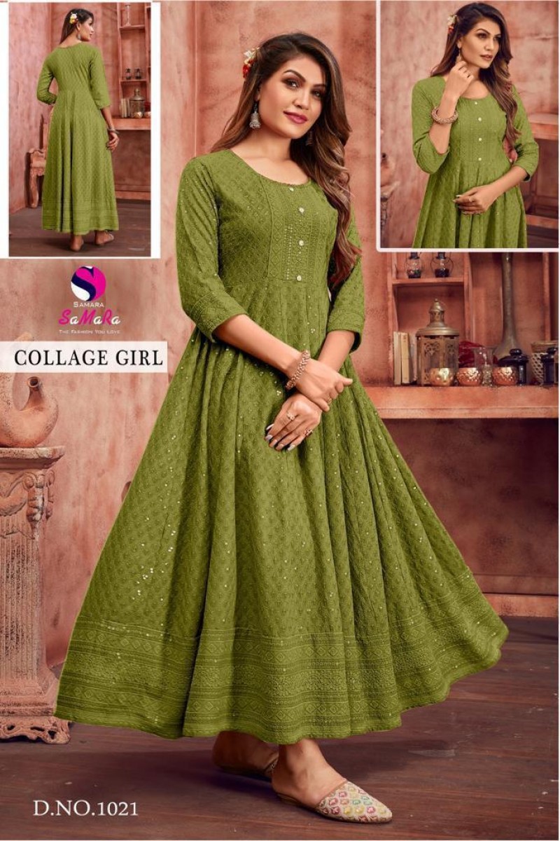 Samara College Girl-1021 Anarkali Style Schiffli Work Rayon Kurti Catalog Wholesale