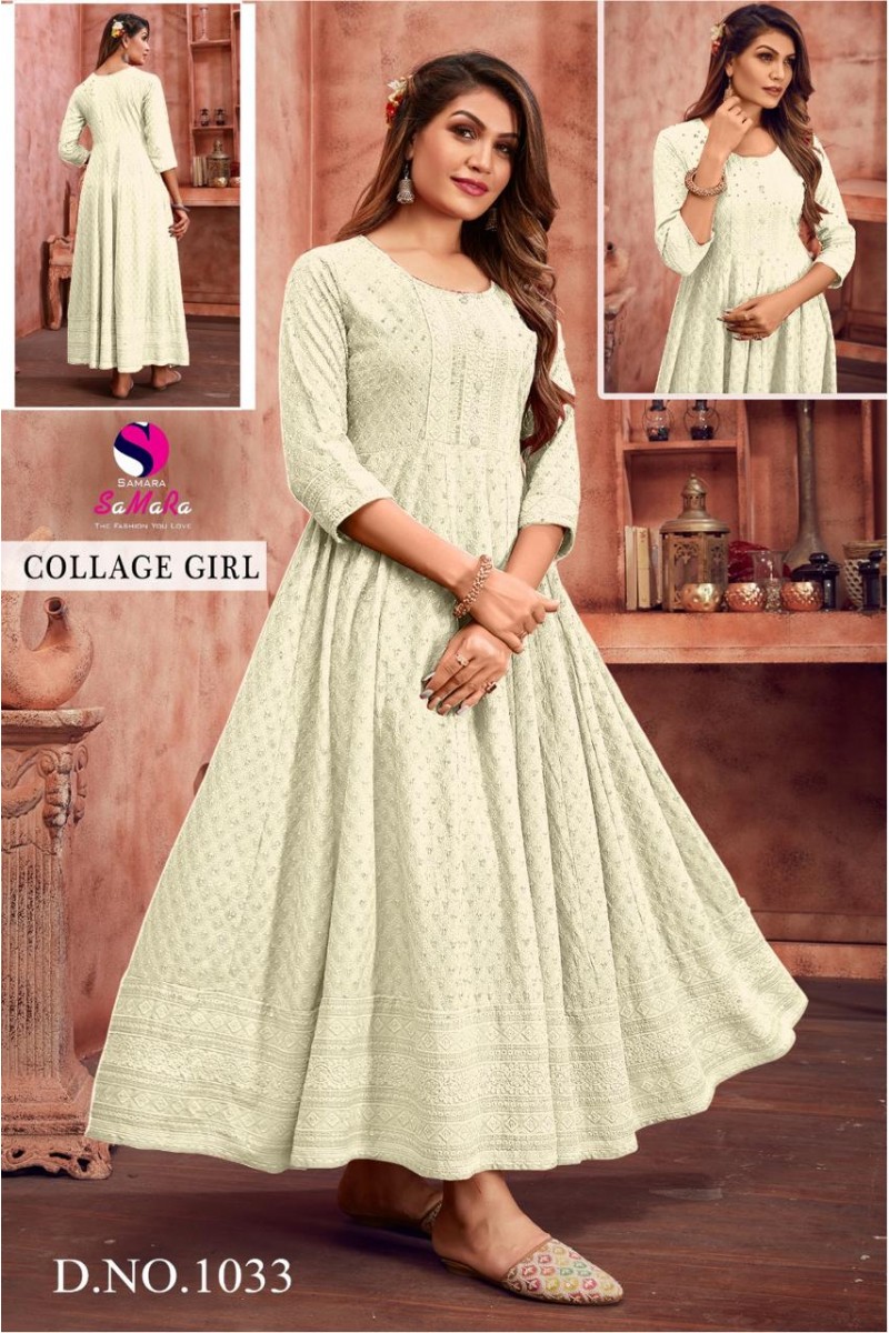 Samara College Girl-1033 Anarkali Style Schiffli Work Rayon Kurti Catalog Wholesale