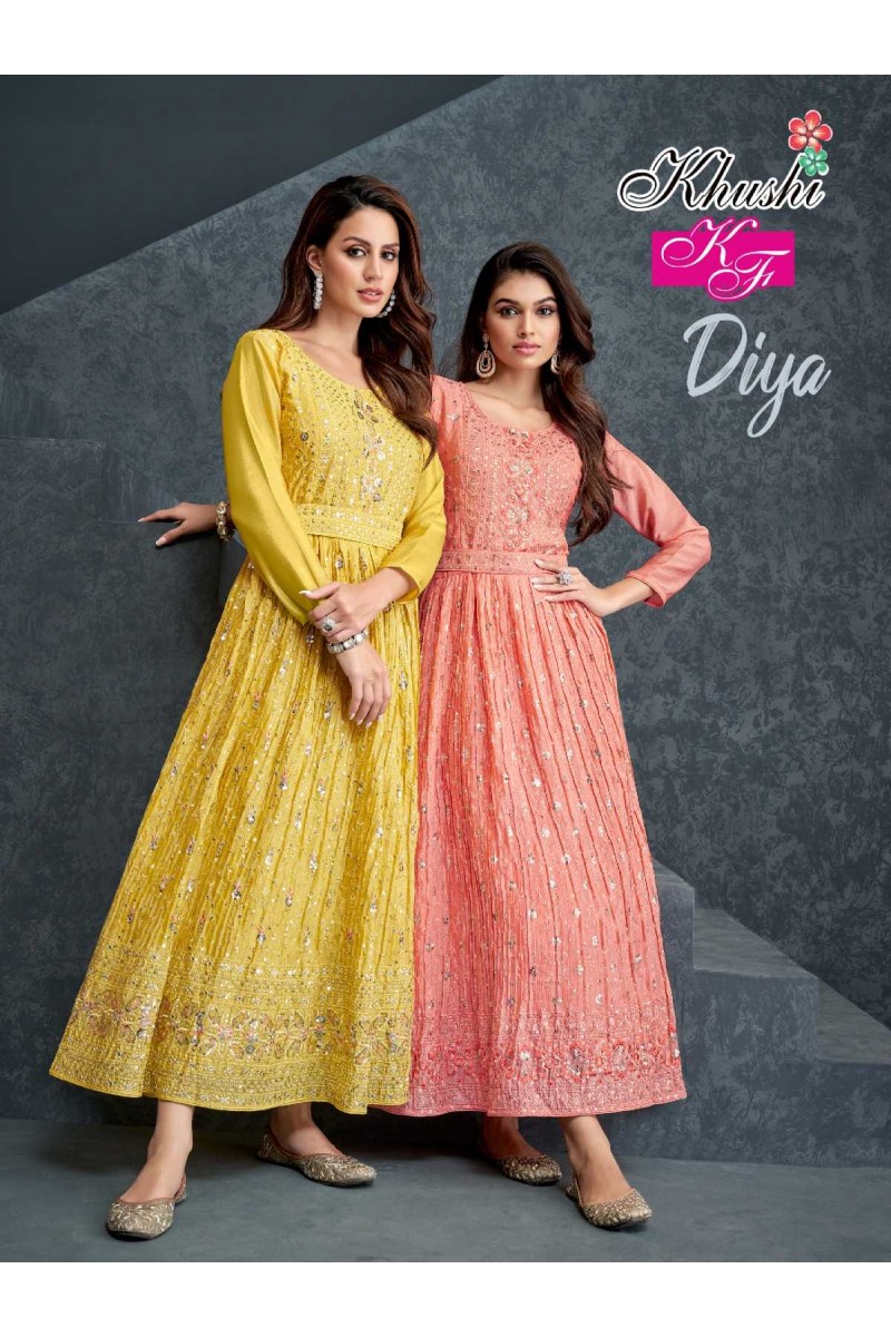 Khushi K.F Diya Readymade Embroidery Sequence Work Long Gown