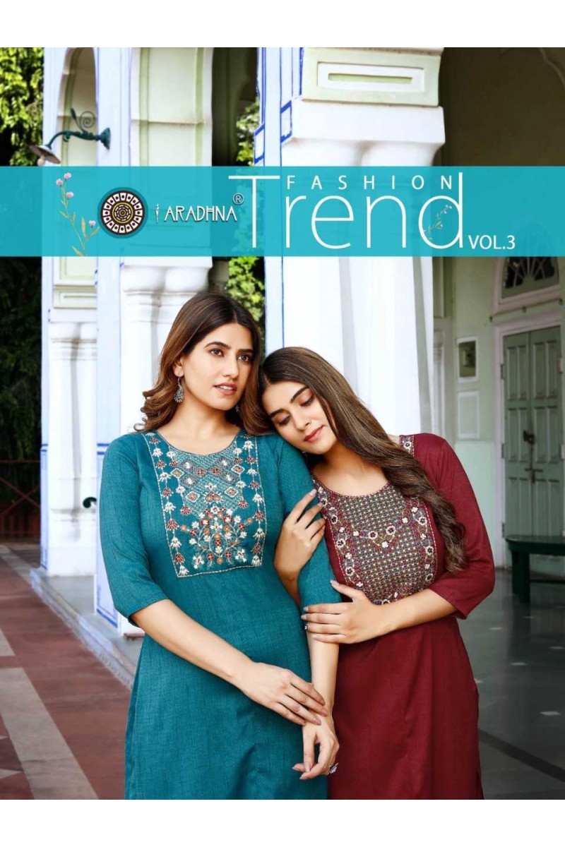 Aradhna Fashion Trend Vol 3 Rayon With Embroidery Kurti Catalog Set Traders