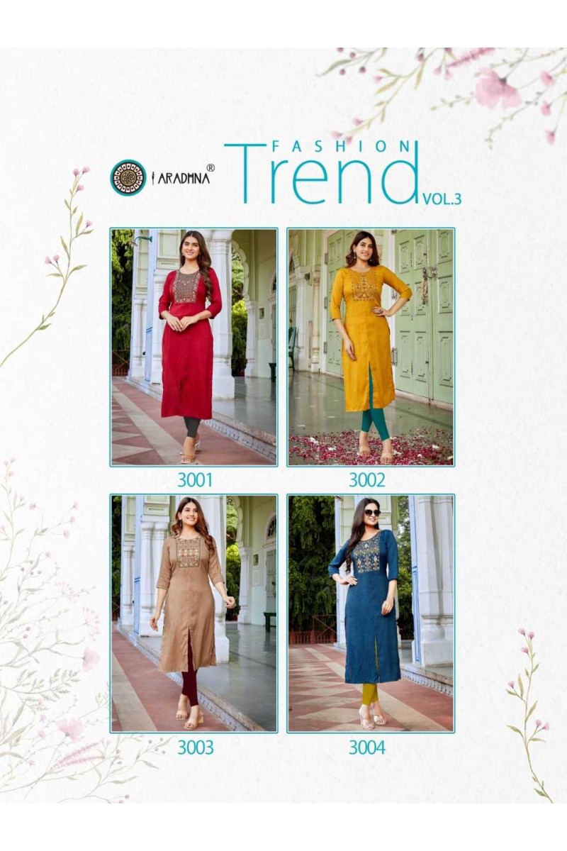 Aradhna Fashion Trend Vol 3 Rayon With Embroidery Kurti Catalog Set Traders