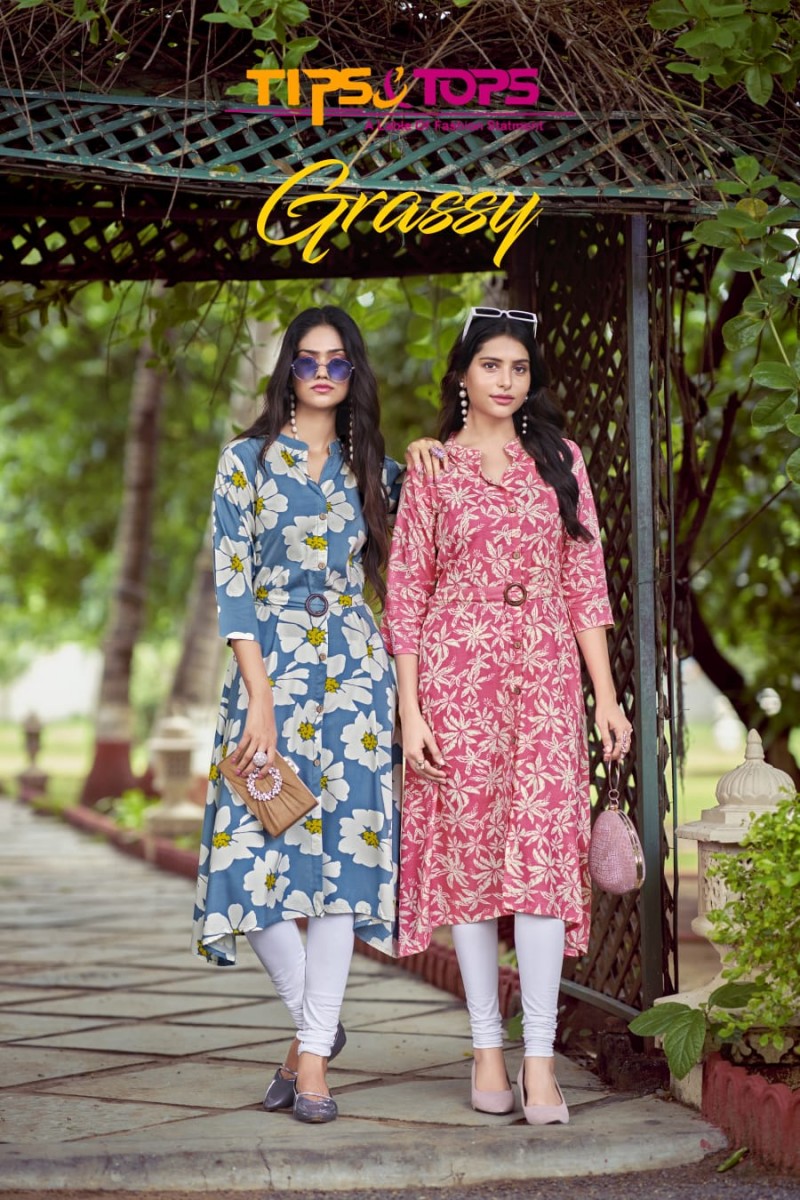 Tips & Tops Grassy Stylish Designer Rayon Printed Ladies Kurtis Apparels