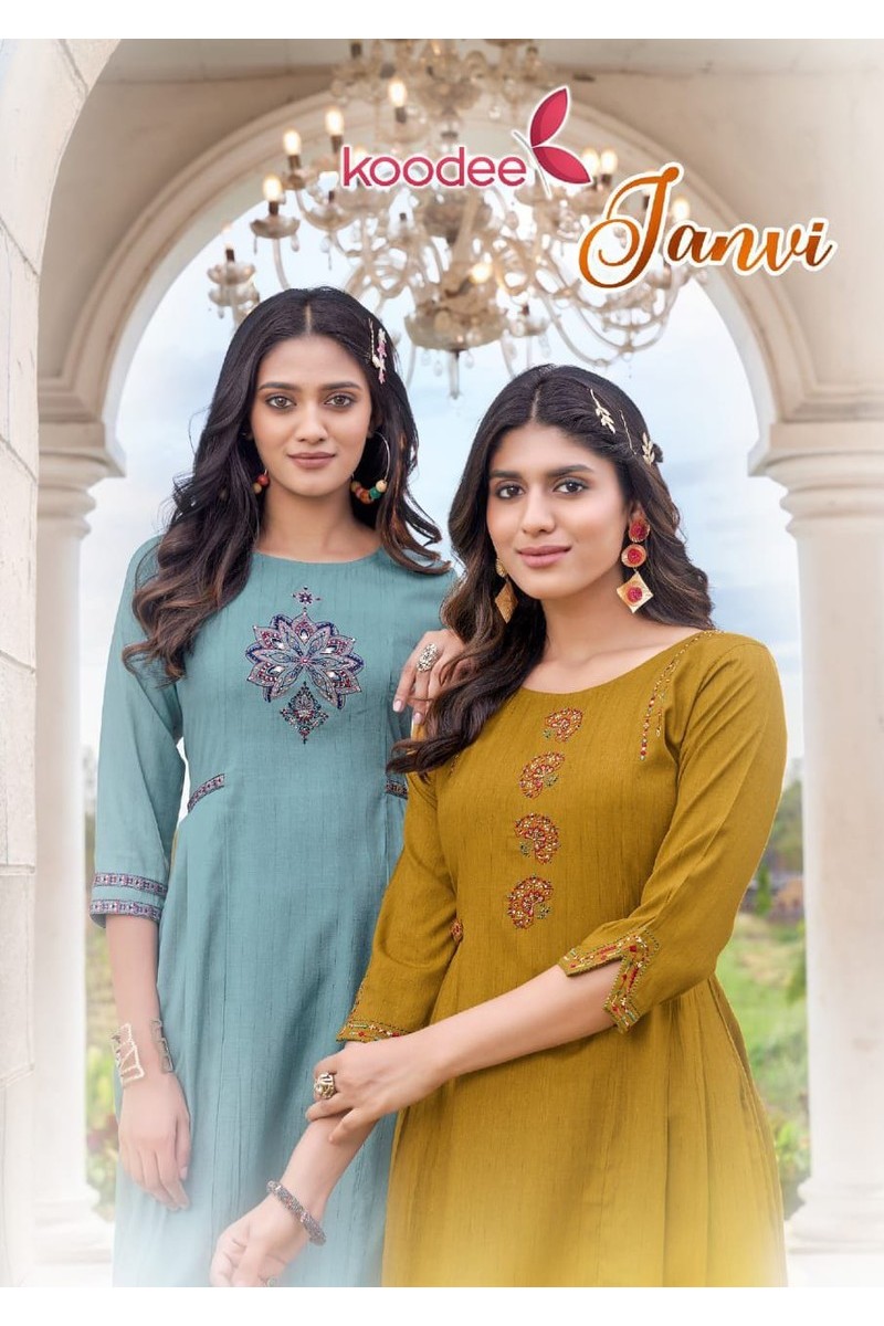 Koodee Janvi Straight Cut Wholesale Rayon Embroidery Kurtis Manufacturer