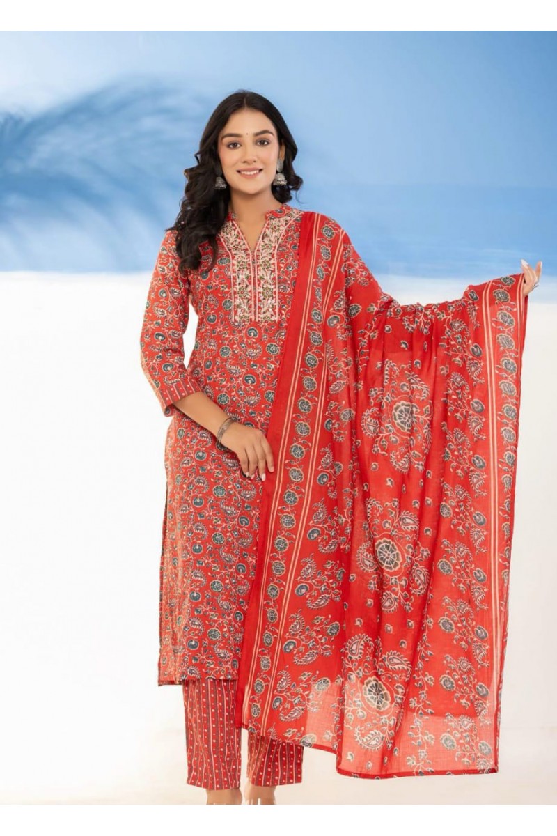 MD-033 Exclusive Wear Cotton Kurti Pant Dupatta Wholesale Combo Size Set