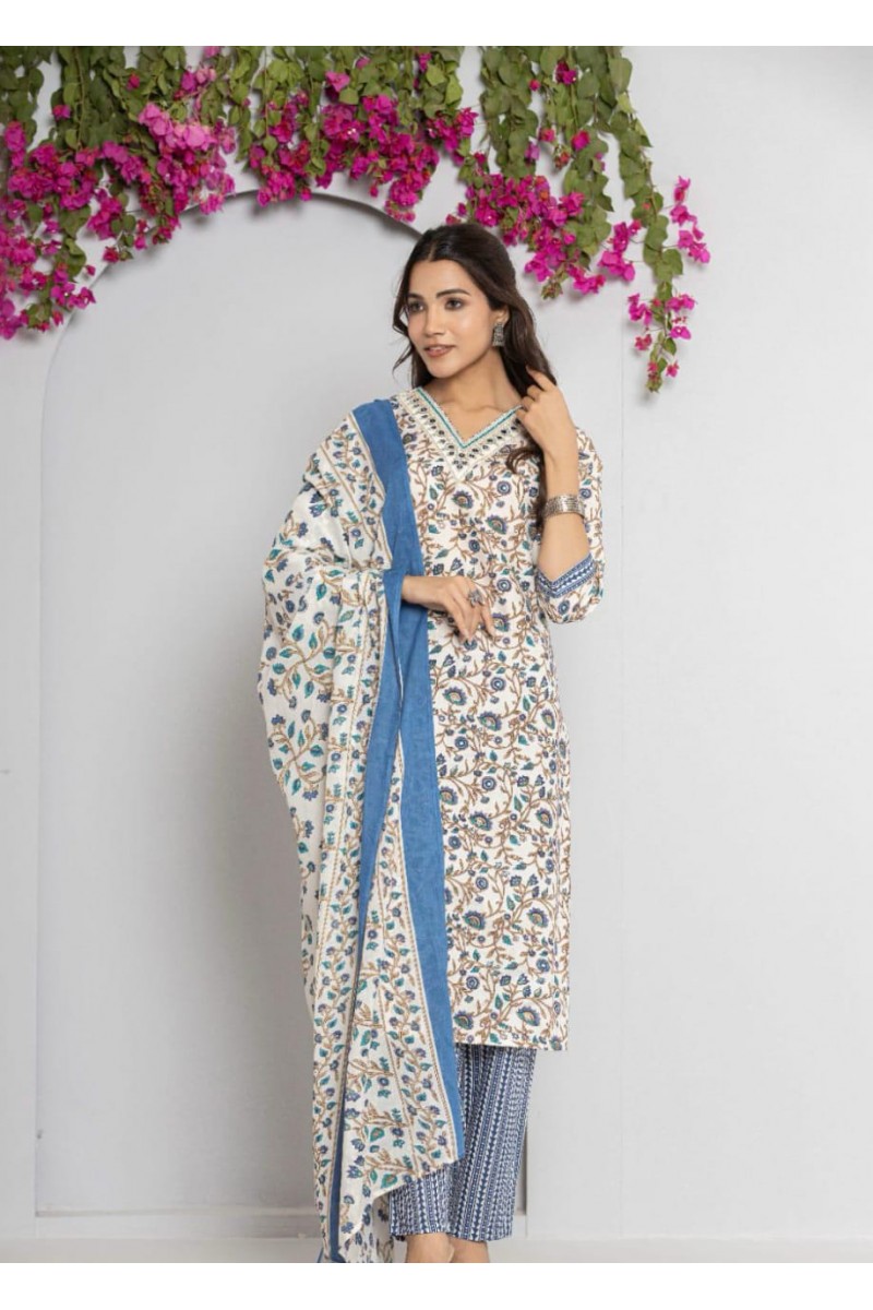 MD-034 Exclusive Wear Cotton Kurti Pant Dupatta Wholesale Combo Size Set