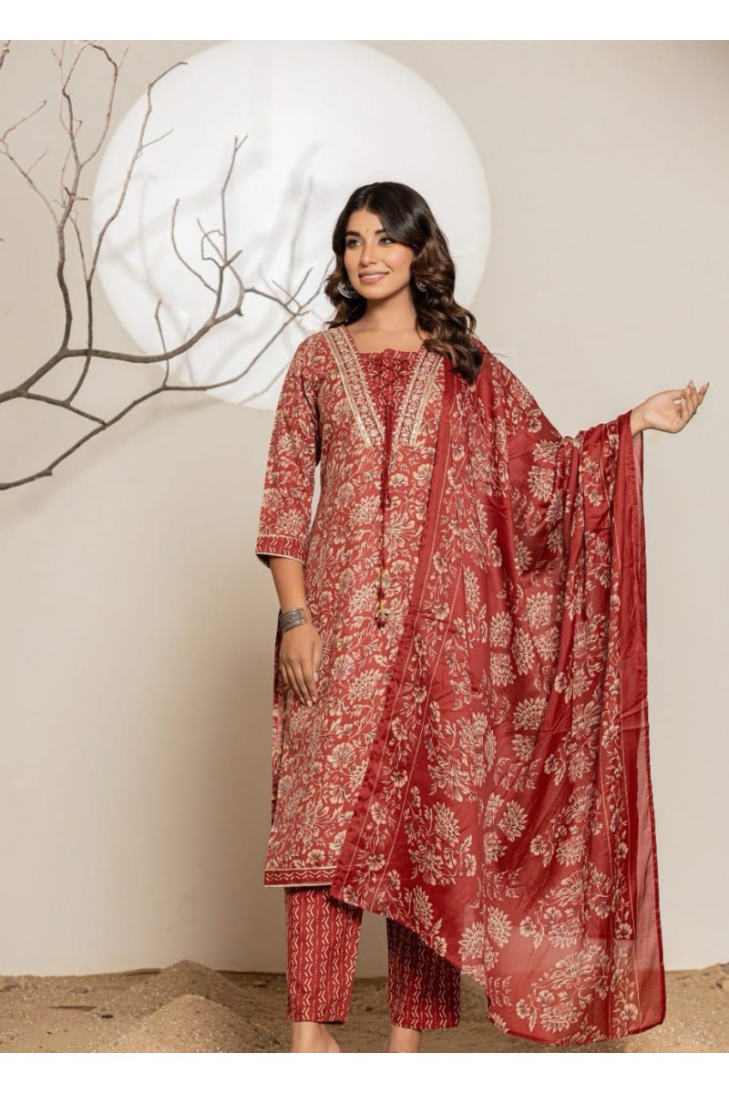 MD-037 Exclusive Wear Cotton Kurti Pant Dupatta Wholesale Combo Size Set