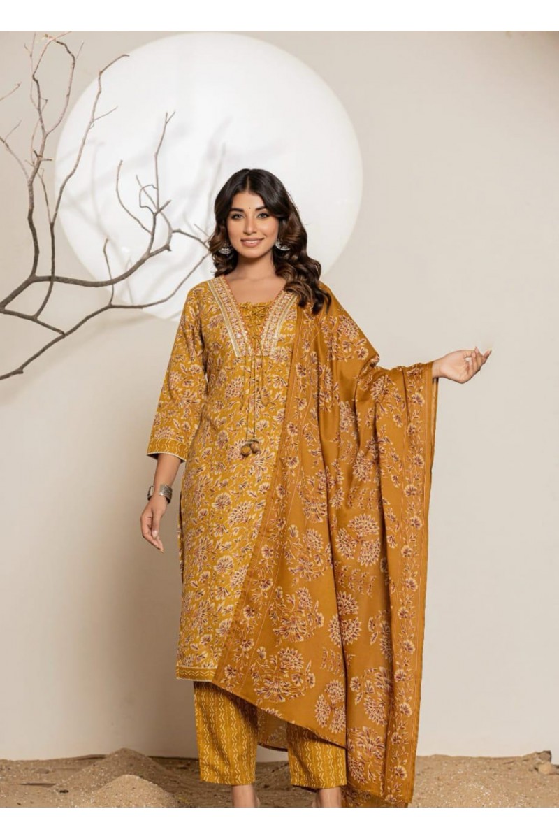 MD-038 Exclusive Wear Cotton Kurti Pant Dupatta Wholesale Combo Size Set