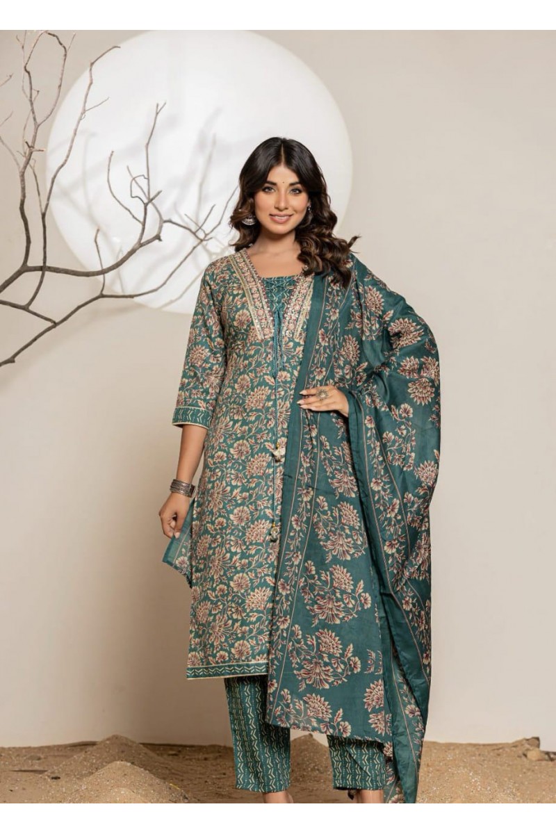 MD-040 Exclusive Wear Cotton Kurti Pant Dupatta Wholesale Combo Size Set