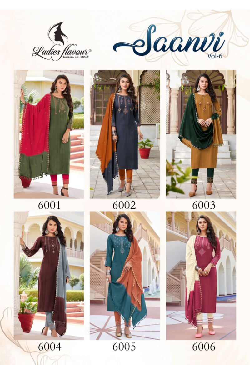 Ladies Flavour Saanvi Vol-6 Rayon Kurti With Pant Catalogue Set
