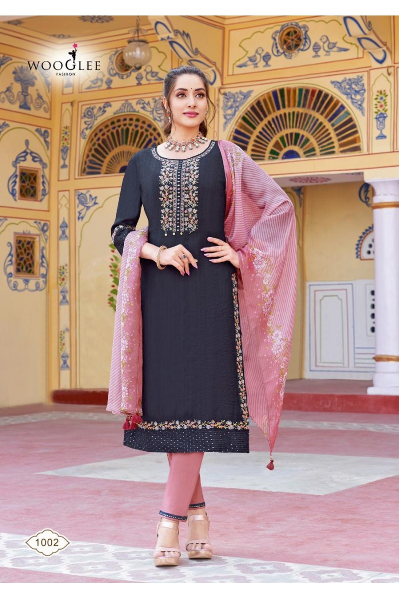 Wooglee Fashion Saarika Embroidery Kurti Pant With Dupatta Collection