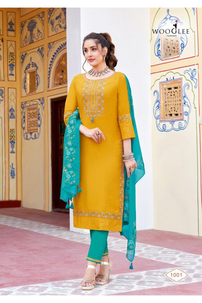 Wooglee Fashion Saarika Embroidery Kurti Pant With Dupatta Collection