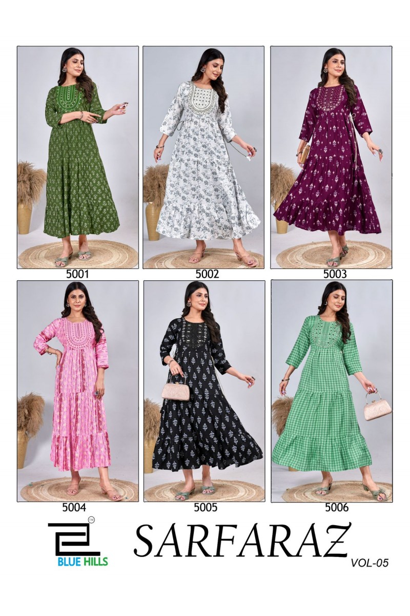 Blue Hills Sarfaraz Vol-5 Designer Rayon Printed Long Kurtis Manufacturer