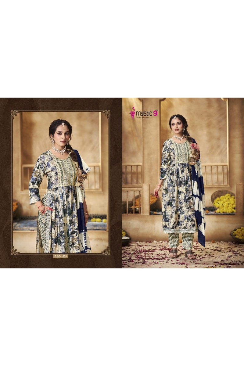 Mystic 9 Simran Vol-1 Naira Cut Rayon Kurti Pant Dupatta Set Catalog Manufacturer