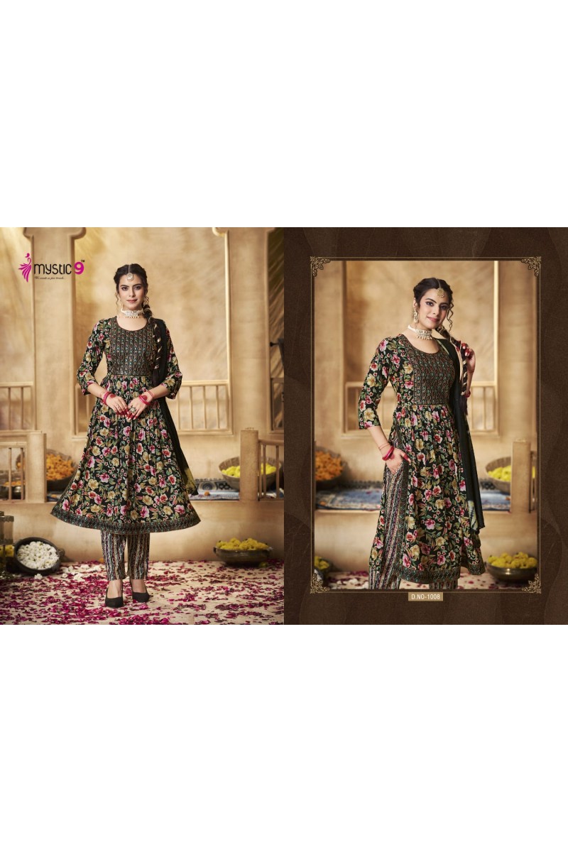 Mystic 9 Simran Vol-1 Naira Cut Rayon Kurti Pant Dupatta Set Catalog Manufacturer