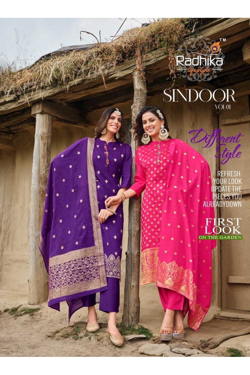Radhika Lifestyle Sindoor Vol-1 Dola Silk Kurti Pant With Dupatta Collection