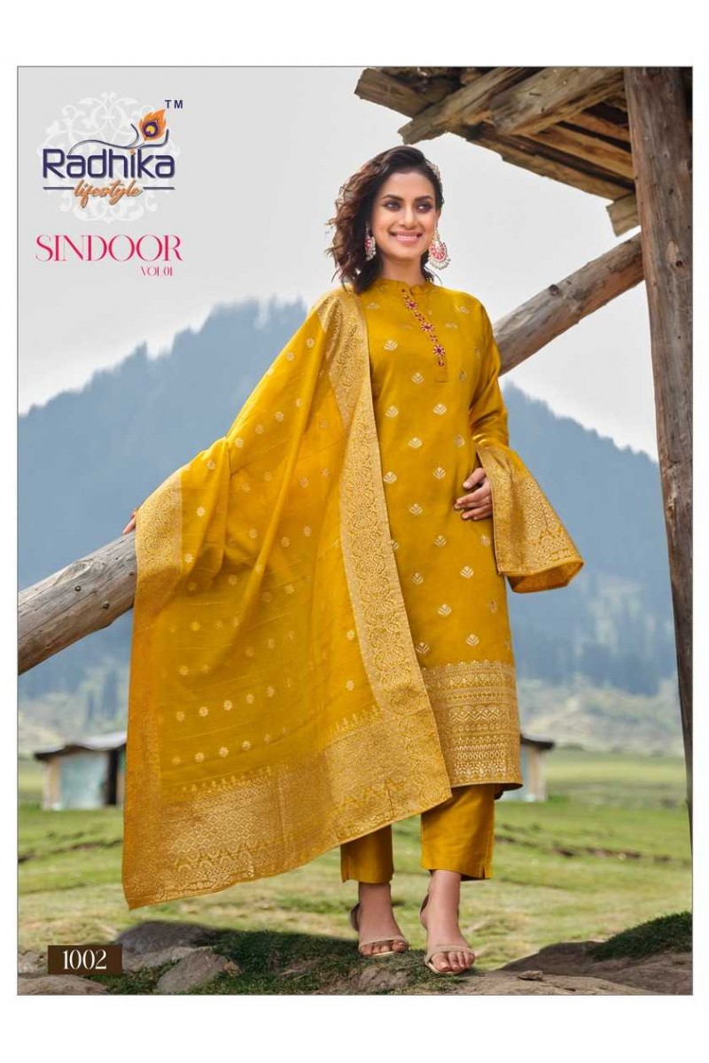 Radhika Lifestyle Sindoor Vol-1 Dola Silk Kurti Pant With Dupatta Collection