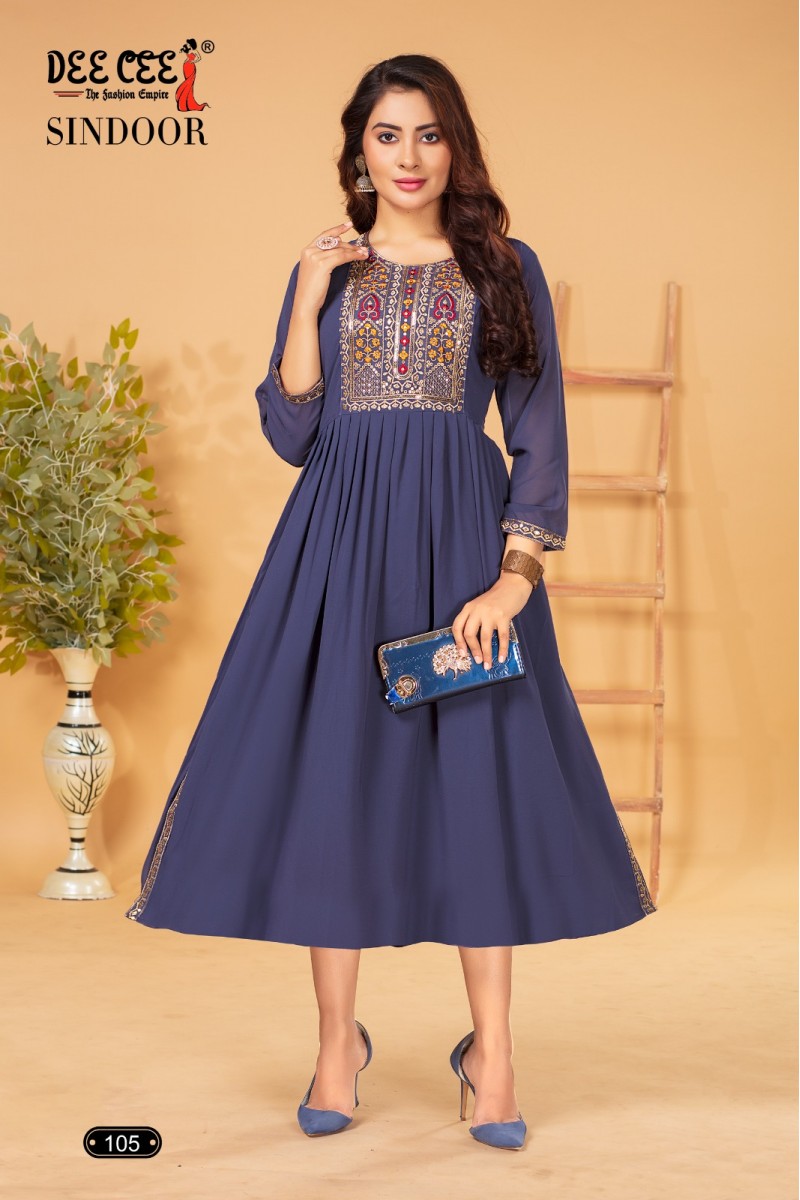 Dee Cee Sindoor Designer Georgette Flared Long Naira Cut Kurtis Collection