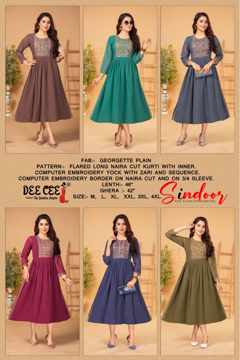 Dee Cee Sindoor Designer Georgette Flared Long Naira Cut Kurtis Collection