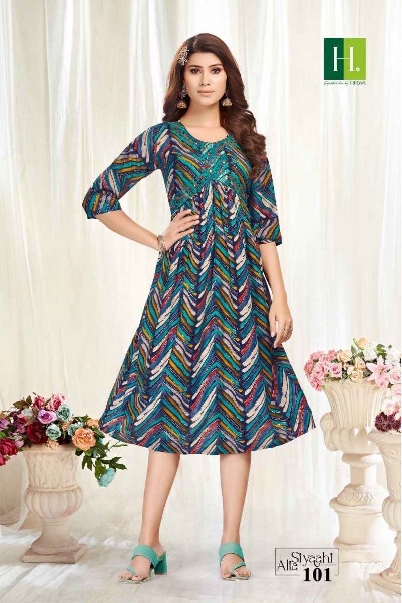 Hirwa Siyaahi Alia Wholesale Pure Heavy Rayon Alia Cut New Designs Kurtis