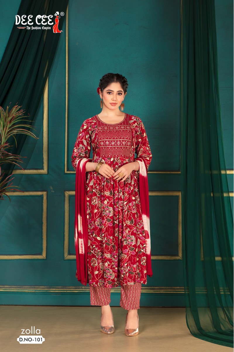 Dee Cee Zolla Women's Rayon Foil Print Top Bottom Dupatta Set Designs