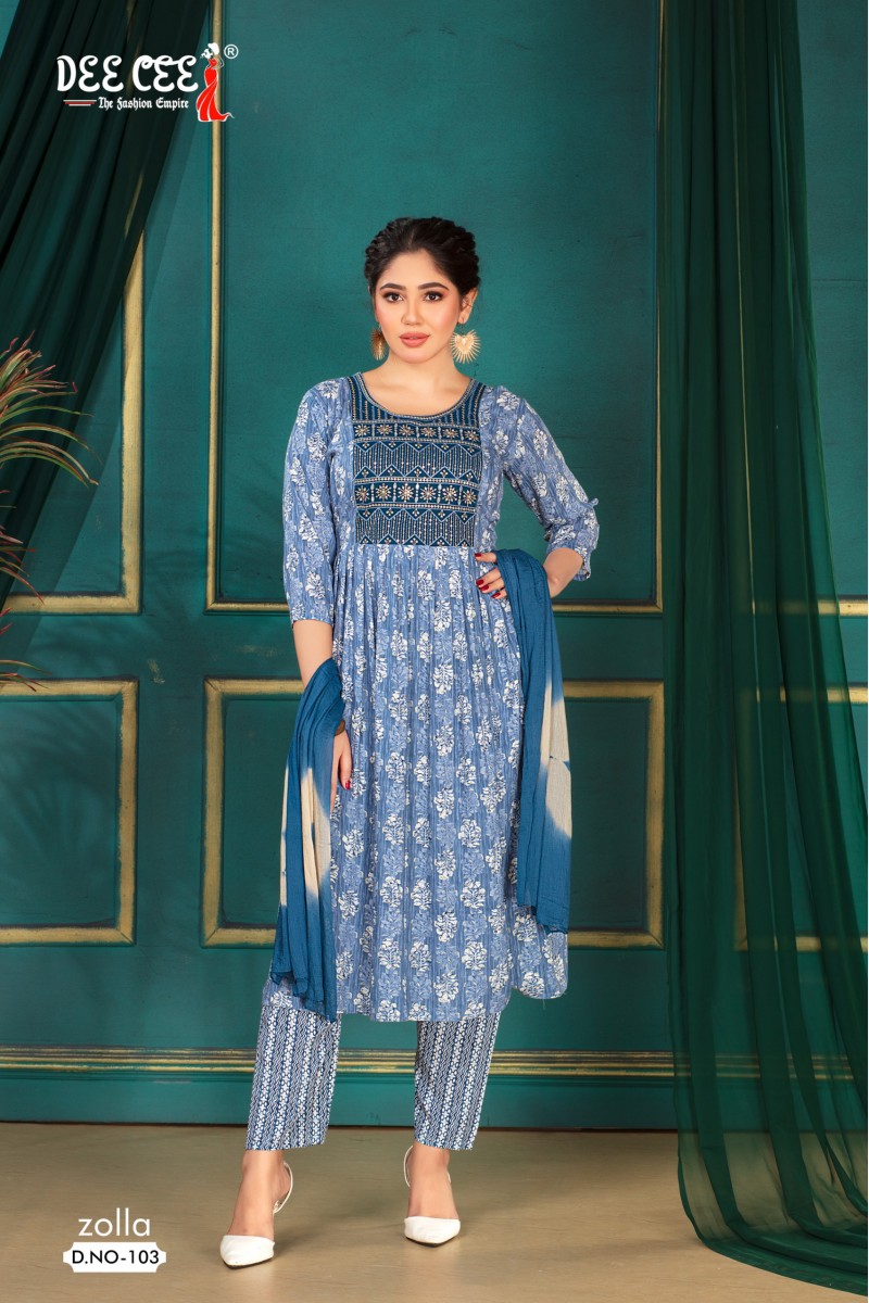 Dee Cee Zolla Women's Rayon Foil Print Top Bottom Dupatta Set Designs