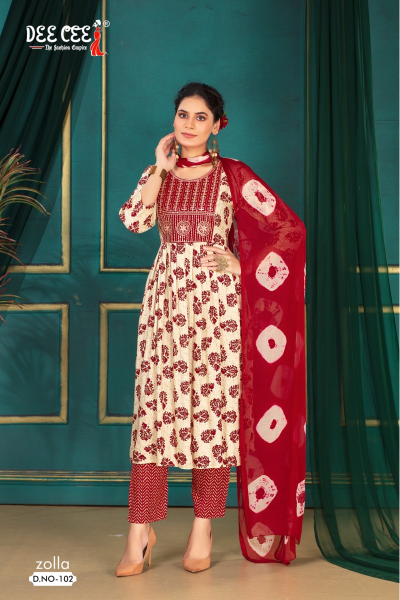 Dee Cee Zolla Women's Rayon Foil Print Top Bottom Dupatta Set Designs