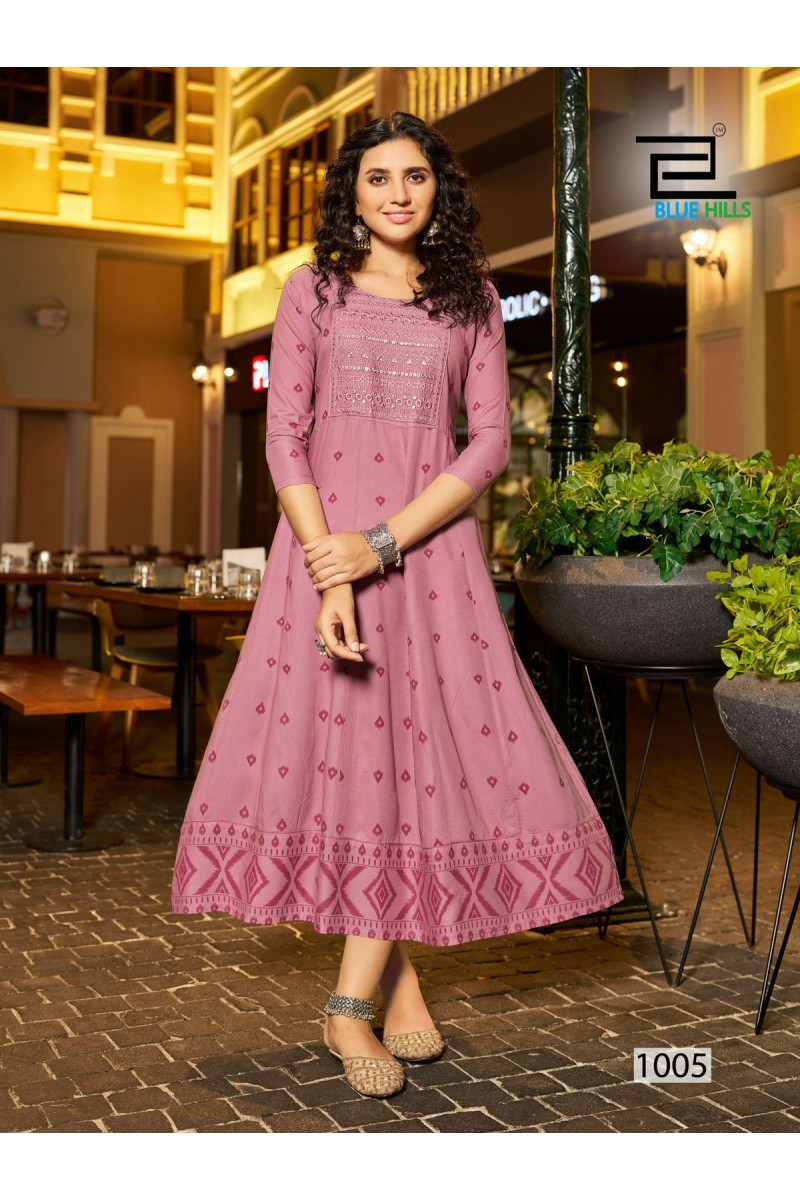 Blue Hills Zudio Anarkali Style Rayon With Embroidery Work Kurtis Apparels