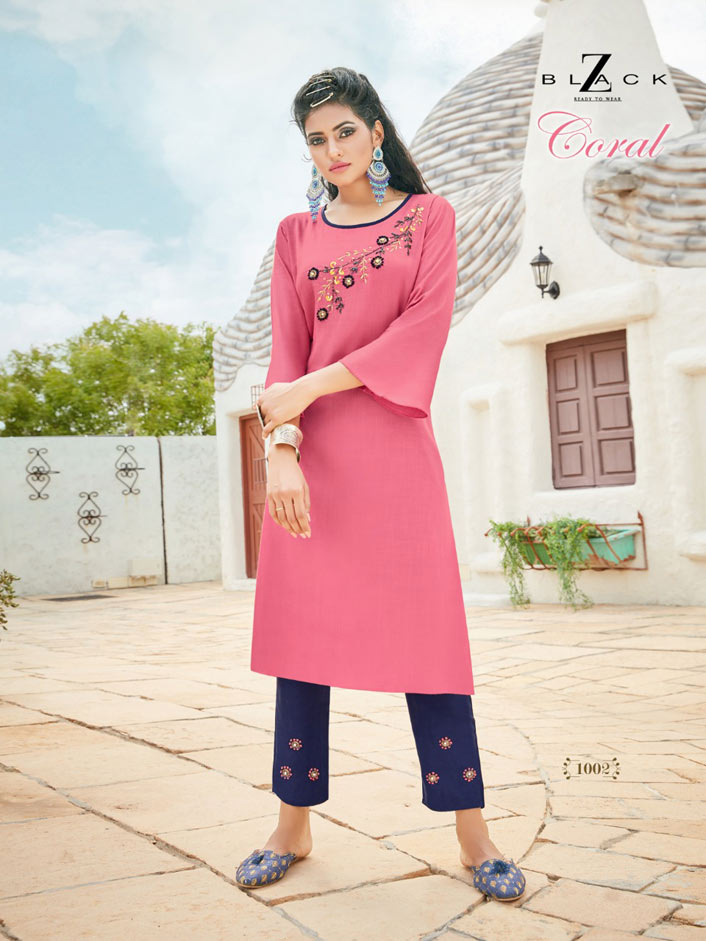 Coral Rayon Handwork Sigaret Pant Kurti Set Coral Rayon Handwork Sigaret Pant Kurti Set