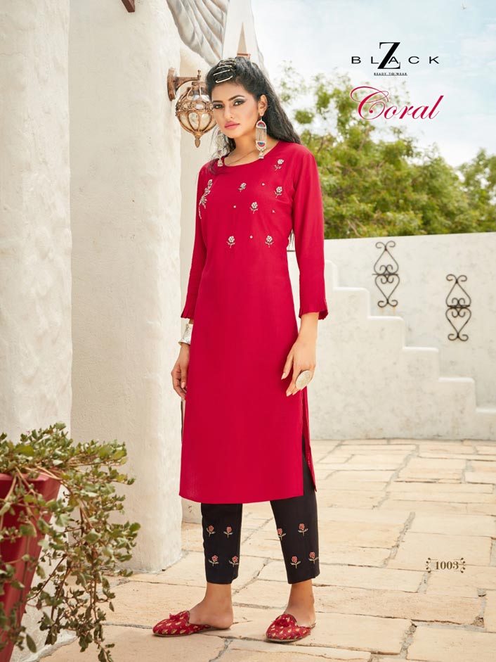Coral Rayon Handwork Sigaret Pant Kurti Set Coral Rayon Handwork Sigaret Pant Kurti Set