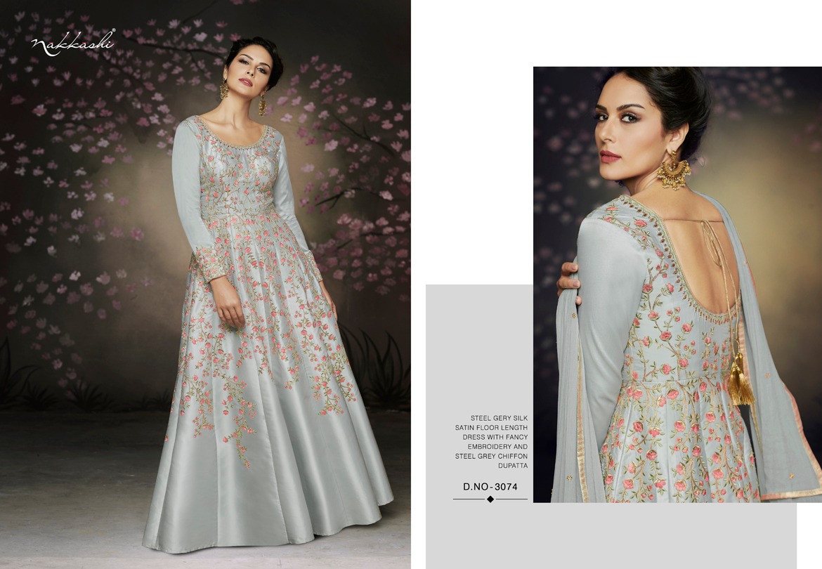 Rare Nakkashi Present Satin Net Embroidery Gowns Rare Nakkashi Present Satin Net Embroidery Gowns