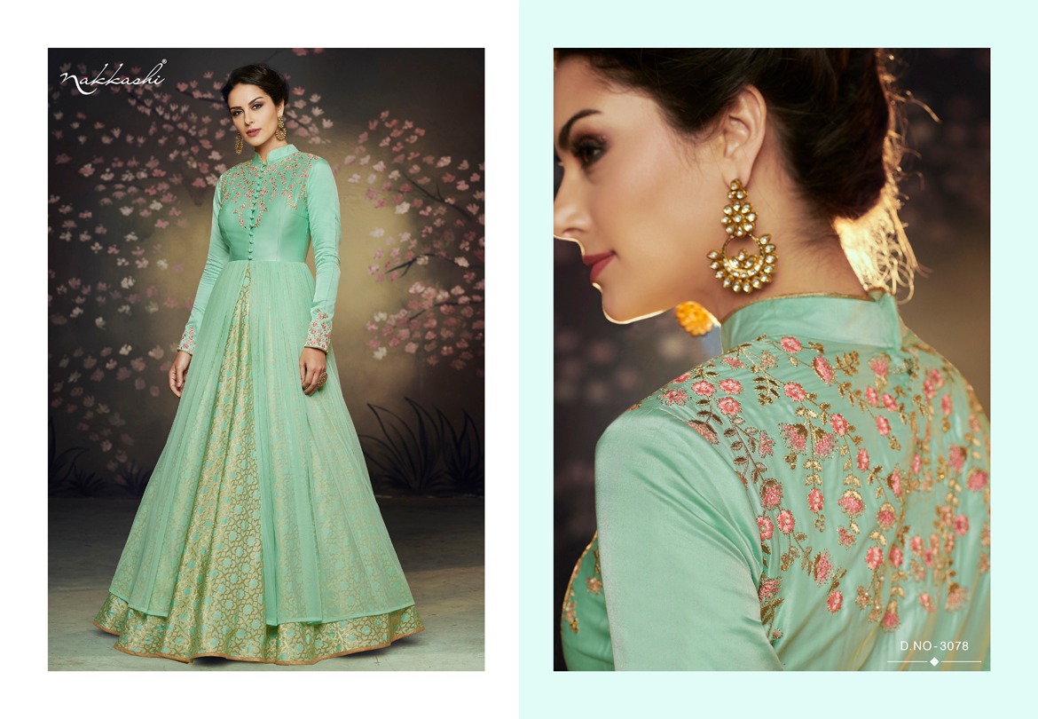 Rare Nakkashi Present Satin Net Embroidery Gowns Rare Nakkashi Present Satin Net Embroidery Gowns