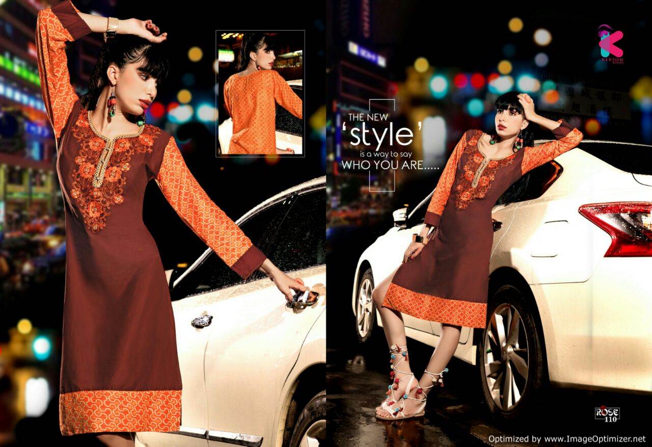 Rose by Kersom Embroidery on Plain Cotton Kurti Rose by Kersom Embroidery on Plain Cotton Kurti